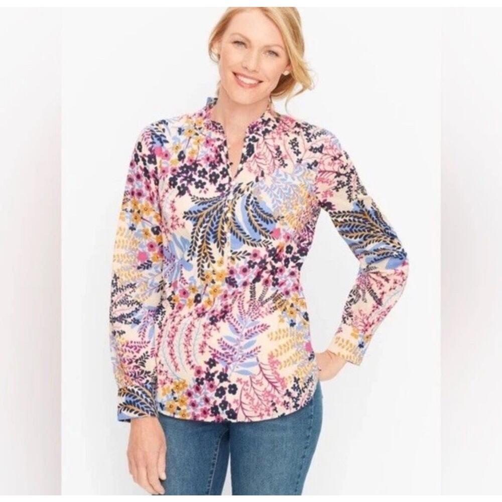 Talbots Women’s Garden Floral Long Sleeve Ruffle Collar Popover Top Size Small